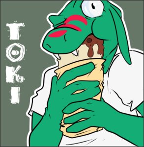 Rating: Safe Score: 0 Tags: 2011 anthro border burrito cel_shading clothing e621 eating fangs food green_body grey_border humor lizard looking_at_viewer low_res male open_mouth reptile scalie shaded simple_background solo stripes teeth toki_(character) trashdogeking User: bunchy7s