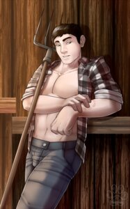 Rating: Questionable Score: 0 Tags: against_surface against_wall bite_mark brown_hair bulge clothed clothing e621 farmer fasttrack37d green_eyes hair hi_res human human_only inside leaning male mammal muscular muscular_male not_furry open_clothing open_shirt open_topwear pecs pitchfork shirt solo standing story story_at_source story_in_description teeth tools topless topwear transformation transformation_through_bite User: bunchy7s
