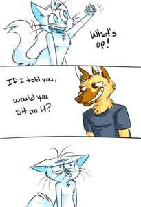 Rating: Safe Score: 0 Tags: 2012 anthro canid canine canis dialogue domestic_cat domestic_dog duo e621 english_text felid feline felis female german_shepherd herding_dog humor innuendo male mammal pastoral_dog smile spam_cat spamcat tail text unimpressed User: bunchy7s
