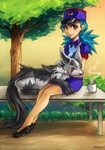 Rating: Safe Score: 0 Tags: 2012 ambiguous_gender beverage blue_hair brown_eyes brown_nose clothing coffee container cup detailed_background digitigrade duo e621 female feral food generation_3_pokemon gloves_(marking) hair hat headgear headwear hi_res human katiramoon leg_markings looking_at_viewer mammal markings mightyena nintendo officer officer_jenny plant pokemon pokemon_(species) quadruped red_eyes socks_(marking) steam tail tree uniform wood User: bunchy7s