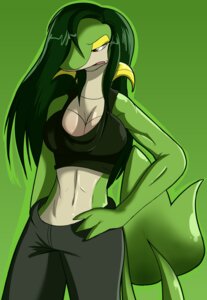 Rating: Questionable Score: 0 Tags: absurd_res annoyed anthro big_breasts blacksen bottomwear breasts clothing e621 female generation_5_pokemon green_background green_body green_hair hair hand_on_hip hi_res long_hair nintendo pants pokemon pokemon_(species) pokemorph red_eyes shirt simple_background snivy solo standing tail tank_top topwear User: bunchy7s