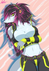 Rating: Questionable Score: 0 Tags: 2012 alternative_fashion anthro aquatic biped breasts cleavage clothed clothing cyberpop e621 electronics female fish green_eyes hair headphones hi_res j-fashion lapfox_trax looking_at_viewer lying mayhem_(renard) midriff multicolored_hair navel non-mammal_breasts on_back shark solo spikemike5891 tail thigh_gap topwear vest User: bunchy7s