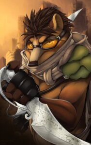 Rating: Safe Score: 0 Tags: 5:8 5_fingers anthro asian_palm_civet black_claws blade brown_hair civet claws clothed clothing conditional_dnp cyrus_kanan e621 eyewear fingerless_gloves fingers fur gloves goggles hair handwear hi_res holding_object holding_weapon hybrid looking_at_viewer male mammal mask muscular muscular_anthro muscular_male palm_civet pangolin scappo solo topless viverrid weapon yellow_body yellow_fur User: bunchy7s