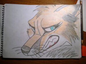 Rating: Safe Score: 0 Tags: ambiguous_gender angry blue_eyes canid canine e621 feral fox mammal rainbowfox simple_background solo traditional_media_(artwork) User: bunchy7s