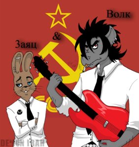 Rating: Safe Score: 0 Tags: alternative_fashion anthro blue_eyes canid canine canis cigarette clothed clothing communism demon_irah duo e621 ear_piercing electric_guitar emo guitar hammer_and_sickle hare lagomorph leporid male mammal musical_instrument piercing playing_guitar playing_music plucked_string_instrument politics red_eyes russian size_difference soyuzmultfilm string_instrument text translated volk_(wjyw) well_just_you_wait! wolf zayats_(wjyw) User: bunchy7s