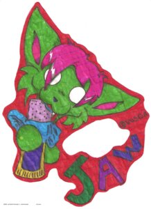 Rating: Safe Score: 0 Tags: :3 ambiguous_gender candy candy_bar canid canine character_badge_(artwork) colorful_theme dessert dutch_angle e621 eating empty_eyes feral food fox fur glamfur green_body green_fur hair headshot_portrait hi_res holding_food holding_object lined_paper looking_at_viewer mammal marker_(artwork) pink_hair portrait solo sparklefur traditional_media_(artwork) vosoa User: bunchy7s