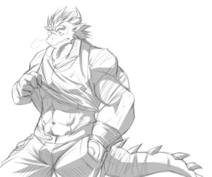 Rating: Safe Score: 0 Tags: abs anthro athletic biceps big_muscles bottomwear bracelet breath claws clothing dragon e621 eyebrows hair horn jewelry male monochrome muscular muscular_anthro muscular_male mythological_creature mythological_scalie mythology navel pants pecs pose reptile rikitsu scales scalie shirt simple_background sketch solo spikes tail tank_top topwear white_background User: bunchy7s