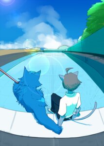Rating: Safe Score: 0 Tags: anthro canid canine canis chisa_sa detailed detailed_background domestic_cat duo e621 felid feline felis male male/male mammal outside perspective swimming_pool tail toony water wolf User: bunchy7s
