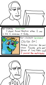 Rating: Safe Score: 0 Tags: blonde_hair comic computer creepy david_collins disgust e621 electronics english_text hair heterochromia human male mammal monochrome text the_truth what User: bunchy7s