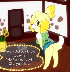 Rating: Questionable Score: 0 Tags: 2013 animal_crossing anthro bent_over blush bottomwear building canid canine canis clothed clothing dialogue domestic_dog door e621 english_text female flower fur hair hi_res house inside isabelle_(animal_crossing) looking_back mammal nintendo pencil_skirt plant ponytail shih_tzu shirt skidd skirt solo tail text topwear toy_dog yellow_body yellow_fur User: bunchy7s