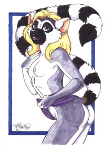 Rating: Questionable Score: 0 Tags: 2005 absurd_res anthro blonde_hair blue_eyes breasts butt e621 female hair hi_res lemur mammal markings nipples nude pinup pose primate ring-tailed_lemur ring_(marking) ringed_tail signature solo strepsirrhine striped_markings striped_tail stripes tail tail_markings terrie_smith traditional_media_(artwork) User: bunchy7s