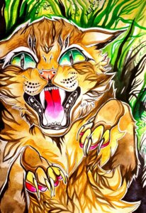 Rating: Safe Score: 0 Tags: abstract_background ambiguous_gender brown_body brown_fur clara_bacou claws domestic_cat e621 fangs felid feline felis fur green_eyes hi_res looking_at_viewer mammal open_mouth painting_(artwork) pawpads pink_nose pink_pawpads pupils slit_pupils snarling solo teeth tongue traditional_media_(artwork) traditional_painting_(artwork) traditional_watercolor_(artwork) watercolor_(artwork) yellow_body yellow_fur User: bunchy7s