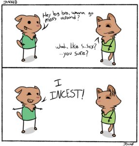 Rating: Questionable Score: 0 Tags: annoyed anthro biped black_eyes brother_(lore) brothers_(lore) brown_body brown_fur chest_tuft clothed clothing comic dialogue digital_media_(artwork) domestic_cat dot_eyes duo e621 english_text felid feline felis fur hands_on_hips holding_arm humor incest_(lore) jinxed male mammal open_mouth pink_nose pun shirt sibling_(lore) signature simple_background simple_eyes spread_arms standing stated_incest stick_figure syynx tail text topwear tuft white_background User: bunchy7s