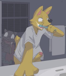 Rating: Explicit Score: 0 Tags: aliasing anthro argon_vile bathroom being_watched bodily_fluids bottomless brush brushing brushing_teeth bulge canid canine clothed clothing digital_media_(artwork) drooling duo e621 erection foreshortening foreskin fox front_view genitals humanoid_genitalia humanoid_penis ishishi kaiketsu_zorori looking_at_another male male/male mammal motion_lines penis retracted_foreskin saliva shirt suid suine sus_(pig) tail toothbrush topwear towel voyeur wild_boar window young zorori User: bunchy7s