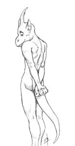 Rating: Safe Score: 0 Tags: 4_fingers anthro biped claws e621 fingers gargoyle greyscale hands_behind_back horn humanoid_pointy_ears male monochrome nephilia nude pointy_ears rear_view signature simple_background smile solo standing tail white_background User: bunchy7s