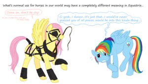 Rating: Questionable Score: 0 Tags: bdsm bit_gag blindfold blue_body blue_feathers blue_fur blush bondage bound bound_female bridle cartoonlion cutie_mark dialogue dominatrix duo e621 english_text equid equine eye_contact feathered_wings feathers female female/female feral fluttershy_(mlp) friendship_is_magic fur gag gagged hair hasbro looking_at_another mammal multicolored_hair multicolored_tail my_little_pony mythological_creature mythological_equine mythology pegasus petplay pink_hair ponyplay rainbow_dash_(mlp) rainbow_hair rainbow_tail roleplay scared simple_background tail tail_wraps text whip white_background wing_boner wings wraps yellow_body yellow_feathers User: bunchy7s