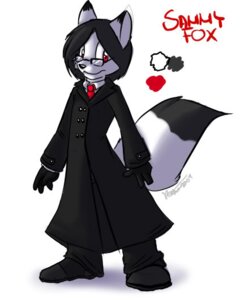 Rating: Safe Score: 0 Tags: 4:5 accessory anthro arctic_fox big_eyes biped black_body black_fur canid canine character_name clothing coat dipstick_ears dipstick_tail e621 ear_markings eyewear footwear fox front_view fur glasses gloves handwear looking_at_viewer male mammal markings model_sheet multicolored_ears multicolored_tail necktie red_eyes sammy_fox shaded simple_background soft_shading solo standing stereoplair tail tail_markings text topwear trenchcoat true_fox white_background white_body white_fur User: bunchy7s