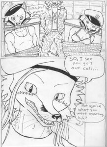 Rating: Safe Score: 0 Tags: 2011 anthro black_and_white bound breasts camo canid canine canis clothed clothing comic dialogue e621 english_text female fox fur group hat headgear headwear hi_res jacket male mammal monochrome pen_(artwork) police police_hat police_officer speech_bubble teeth text topwear traditional_media_(artwork) triadfox wolf User: bunchy7s