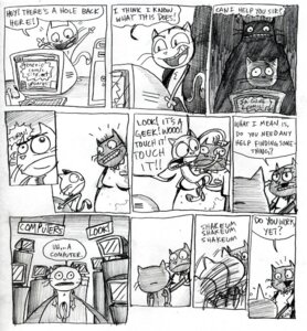 Rating: Questionable Score: 0 Tags: accessory annoying anthro comic computer computer_keyboard dialogue domestic_cat e621 electronics english_text felid feline felis female greyscale male mammal monitors monochrome necktie shaking sign store tail text unknown_artist User: bunchy7s