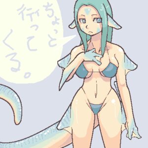 Rating: Questionable Score: 0 Tags: 1:1 3_fingers aliasing animal_humanoid aquatic aquatic_humanoid arm_fin bikini blue_body blue_eyes blue_skin breasts cel_shading clothed clothing dialogue digital_media_(artwork) e621 female fin fingers fish fish_humanoid front_view frown hand_on_chest humanoid japanese_text leg_fins low_res membrane_(anatomy) monster_girl_(genre) petaroh shaded shark shark_humanoid skimpy solo speech_bubble standing swimwear tail talking_to_viewer tan_body tan_skin text tight_clothing translated two-piece_swimsuit webbed_hands User: bunchy7s