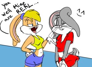 Rating: Safe Score: 0 Tags: 2008 ^_^ anthro blonde_hair blue_eyes bottomwear breasts bugs_bunny buster126 clothed clothing dialogue duo e621 english_text eyes_closed fake_breasts female hair lagomorph leporid lola_bunny looney_tunes mammal poking rabbit shorts skirt smile text warner_brothers User: bunchy7s