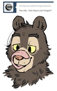Rating: Safe Score: 0 Tags: anthro artdecade ask_blog bear black_eyes brown_body brown_fur e621 english_text front_view fur headshot_portrait licking long_tongue low_res male mammal portrait simple_background sloth_bear solo text tongue tongue_out tumblr ursine white_background willy_(artdecade) yellow_sclera User: bunchy7s