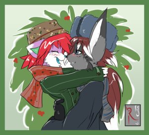 Rating: Safe Score: 0 Tags: anthro blue_eyes blush border canid canine clothed clothing conditional_dnp digital_media_(artwork) duo e621 eyes_closed female fluff-kevlar fox fur green_border grey_body grey_fur hair hat headgear headwear hug male mammal nytro_(fluff-kevlar) red_hair scarf smile ushanka yuuri_(character) User: bunchy7s