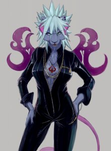 Rating: Safe Score: 0 Tags: anthro biped black_nose breasts chest_tuft claws clothed clothing demon e621 ear_piercing felid female fur green_eyes grey_hair hair hi_res horn jewelry looking_at_viewer mammal necklace open_mouth piercing short_hair simple_background solo standing tail teeth tuft yen_rin zipper User: bunchy7s