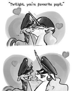 Rating: Questionable Score: 0 Tags: 2012 blush bodily_fluids clothing comic cutie_mark duo e621 english_text equid equine female female/female feral french_kissing friendship_is_magic fur greyscale hair hasbro hat headgear headwear heart_symbol horn kiss_on_lips kissing mammal monochrome my_little_pony mythological_creature mythological_equine mythology princess princess_celestia_(mlp) purevil royalty saliva saliva_string simple_background tail text twilight_sparkle_(mlp) unicorn white_background User: bunchy7s
