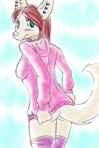 Rating: Questionable Score: 0 Tags: 2:3 anthro blush bottomless brown_hair butt butt_pose canid canine clothed clothing clothing_pull covering covering_self cree digital_media_(artwork) digital_painting_(artwork) digital_watercolor_(artwork) e621 ear_piercing female frown green_eyes hair hoodie joykill legwear looking_back mammal painting_(artwork) piercing pose rear_view shirt shirt_pull shy solo sweatshirt tail thigh_highs topwear topwear_pull watercolor_(artwork) User: bunchy7s