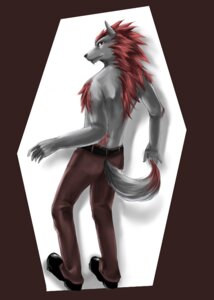 Rating: Safe Score: 0 Tags: anthro biped canid canine canis clothed clothing domestic_dog e621 fur grey_body grey_fur hair looking_back male mammal red_eyes red_hair simple_background sky_gomi solo standing tail topless User: bunchy7s