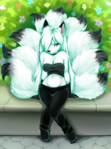 Rating: Safe Score: 0 Tags: 3:4 4_toes anthro arctic_fox barefoot big_breasts biped black_nose blush breasts canid canine choker cleavage clothed clothing detailed detailed_background digital_media_(artwork) digitigrade e621 feet female flower fluffy fluffy_tail fox hair hair_over_eye hi_res jewelry long_hair mammal multi_tail navel necklace one_eye_obstructed plant purple_eyes shaded shiori_shi sitting smile solo spazzykoneko tail toes toony topwear true_fox tube_top white_hair wide_hips User: bunchy7s