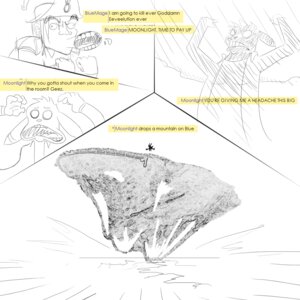 Rating: Safe Score: 0 Tags: 1:1 anarch anthro bluemage_(character) comic duo e621 english_text greyscale human lagomorph leporid male mammal monochrome moonlight_(ramsusxiii) mountain rabbit simple_background text white_background why User: bunchy7s