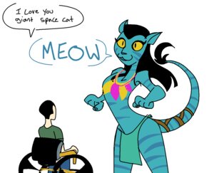 Rating: Safe Score: 0 Tags: alien anthro blue_body dialogue disability duo e621 english_text felid female human humor jake_sully james_cameron's_avatar larger_female male mammal meow na'vi neytiri paraplegic simple_background size_difference smaller_human smaller_male striped_body striped_skin stripes tail text unknown_artist vehicle wheelchair white_background User: bunchy7s