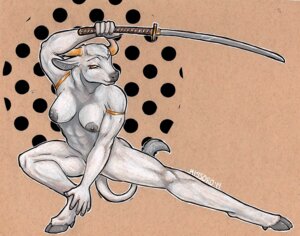 Rating: Questionable Score: 0 Tags: 2014 abs anthro athletic athletic_anthro athletic_female bovid bovine breasts colored_pencil_(artwork) crouching danji-isthmus e621 european_mythology female greek_mythology hair hooves horn katana looking_at_viewer mammal melee_weapon minotaur mythology nipples nude pen_(artwork) solo sword traditional_media_(artwork) weapon white_hair User: bunchy7s