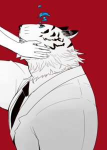 Rating: Safe Score: 0 Tags: 2011 anthro blue_eyes bodily_fluids chisa_sa clothed clothing disembodied_hand duo e621 felid male mammal pantherine red_background simple_background suit tears tiger User: bunchy7s