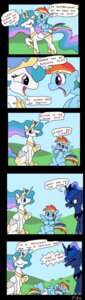 Rating: Safe Score: 0 Tags: 2014 blue_body blue_eyes blue_feathers blue_fur comic crown dialogue e621 english_text equid equine feathered_wings feathers female friendship_is_magic fur gold_(metal) hair hasbro headgear hi_res horn jewelry laugh mammal multicolored_hair my_little_pony mythological_creature mythological_equine mythology necklace pegasus princess_celestia_(mlp) princess_luna_(mlp) purple_eyes rainbow_dash_(mlp) rainbow_hair text tifu winged_unicorn wings User: bunchy7s