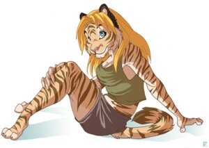 Rating: Safe Score: 0 Tags: 3_toes 5_fingers black_eyebrows blonde_hair blue_eyes bottomwear breasts brown_claws claws cleavage clothed clothing dipstick_tail e621 eyebrows feet felid female fingers fur hair inner_ear_fluff lobby_(artist) mammal markings pantherine pink_nose shaded shirt shorts simple_background sitting solo stripes tail tail_markings tan_body tan_fur tan_inner_ear_fluff tiger toes topwear tuft white_background User: bunchy7s