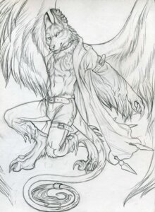 Rating: Safe Score: 0 Tags: anthro canid canine canis e621 ear_piercing feathered_wings feathers kyowai male mammal monochrome piercing pose rukis simple_background sketch solo tail white_background wings wolf User: bunchy7s