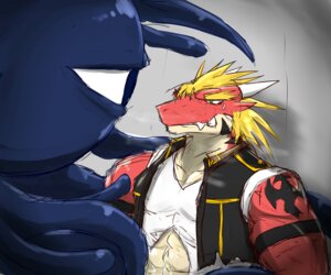Rating: Safe Score: 0 Tags: 2013 abs against_surface against_wall anthro biceps black_body blonde_hair bodily_fluids clothing delga dragon duo e621 green_eyes hair horn jacket kuromaru male monster_(game) mugen muscular mythological_creature mythological_scalie mythology pecs red_body ryuukikeito scalie shirt simple_background sweat tattoo teeth tentacles topwear torn_clothing white_body User: bunchy7s