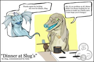 Rating: Safe Score: 0 Tags: 3:2 appliance blue_body blue_nose blue_tongue cheeto comic cooking_pot cutlery dialogue digital_media_(artwork) dragon duo e621 english_text eyewear furniture glasses hida horn kitchen_utensils male mephitoad mythological_creature mythological_scalie mythology oddbird scalie slug_(character) spoon stove table text tongue tools User: bunchy7s