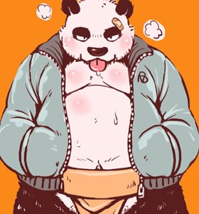 Rating: Safe Score: 0 Tags: anthro asian_clothing band-aid bandage bear blush bodily_fluids clothed clothing e621 east_asian_clothing fundoshi giant_panda japanese_clothing low_res male mammal open_clothing open_shirt open_topwear overweight overweight_anthro overweight_male partially_clothed shirt solo sweat tongue topwear underwear zapapanda User: bunchy7s