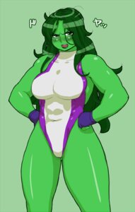 Rating: Safe Score: 0 Tags: blush clothed clothing e621 female gloves grandfathered_content green_background green_body green_hair green_lips green_skin hair handwear human human_only leotard lips looking_at_viewer mammal marvel nezumi_(artist) not_furry she-hulk simple_background solo User: bunchy7s