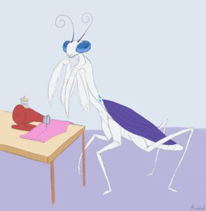 Rating: Safe Score: 0 Tags: alternate_species ambiguous_gender antennae_(anatomy) arthropod blue_eyes cutie_mark e621 friendship_is_magic furniture hasbro insect mantis mimblex my_little_pony purple_background purple_body rarity_(mlp) sewing_machine simple_background solo table white_body User: bunchy7s