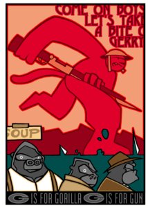 Rating: Safe Score: 0 Tags: alphabet anthro ape armor art_deco border chris_goodwin e621 english_text gorilla group haplorhine headgear helmet holding_object male mammal poster poster_template primate propaganda protective_gear queue simple_background soup_kitchen standing tail text white_border world_war_1 User: bunchy7s
