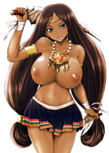 Rating: Questionable Score: 0 Tags: blue_eyes breasts brown_hair dark-skinned_female dark_skin dual_wielding earrings female jewelry long_hair necklace nipples pointy_chin rule34 solo topless tousen very_long_hair weapon User: bunchy7s