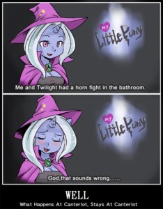 Rating: Safe Score: 0 Tags: anthro anthrofied blue_body blue_skin blush breasts cape clothing dialogue e621 english_text equid equine female friendship_is_magic grey_hair hair hasbro hat headgear headwear horn mammal my_little_pony mythological_creature mythological_equine mythology parody pink_eyes shepherd0821 solo subtitled text trixie_(mlp) unicorn wizard_hat User: bunchy7s