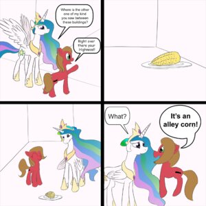 Rating: Safe Score: 0 Tags: 1:1 2012 alley ask_pun brown_hair comic corn crown cutie_mark dialogue digital_media_(artwork) duo e621 earth_pony english_text equid equine fan_character feathered_wings feathers female feral food friendship_is_magic green_eyes hair hasbro headgear horn horse humor mammal multicolored_hair my_little_pony mythological_creature mythological_equine mythology plant plate pony princess princess_celestia_(mlp) pun pun_pony purple_eyes quadruped royalty tail text tumblr unknown_artist visual_pun winged_unicorn wings User: bunchy7s