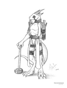 Rating: Questionable Score: 0 Tags: 2005 anthro barefoot biped chain clothed clothing collar e621 feet hammer hand_behind_back horn incendax male monochrome scalie simple_background solo standing tail tools white_background User: bunchy7s