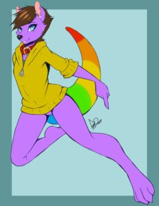 Rating: Safe Score: 0 Tags: anthro barefoot biped black_nose blue_eyes bottomless brown_hair clothed clothing collar danaroo e621 ear_piercing feet fur geekidog hair hi_res jacket kangaroo macropod male mammal marsupial multicolored_tail piercing purple_body purple_fur rainbow rainbow_tail solo sparklefur tail topwear User: bunchy7s